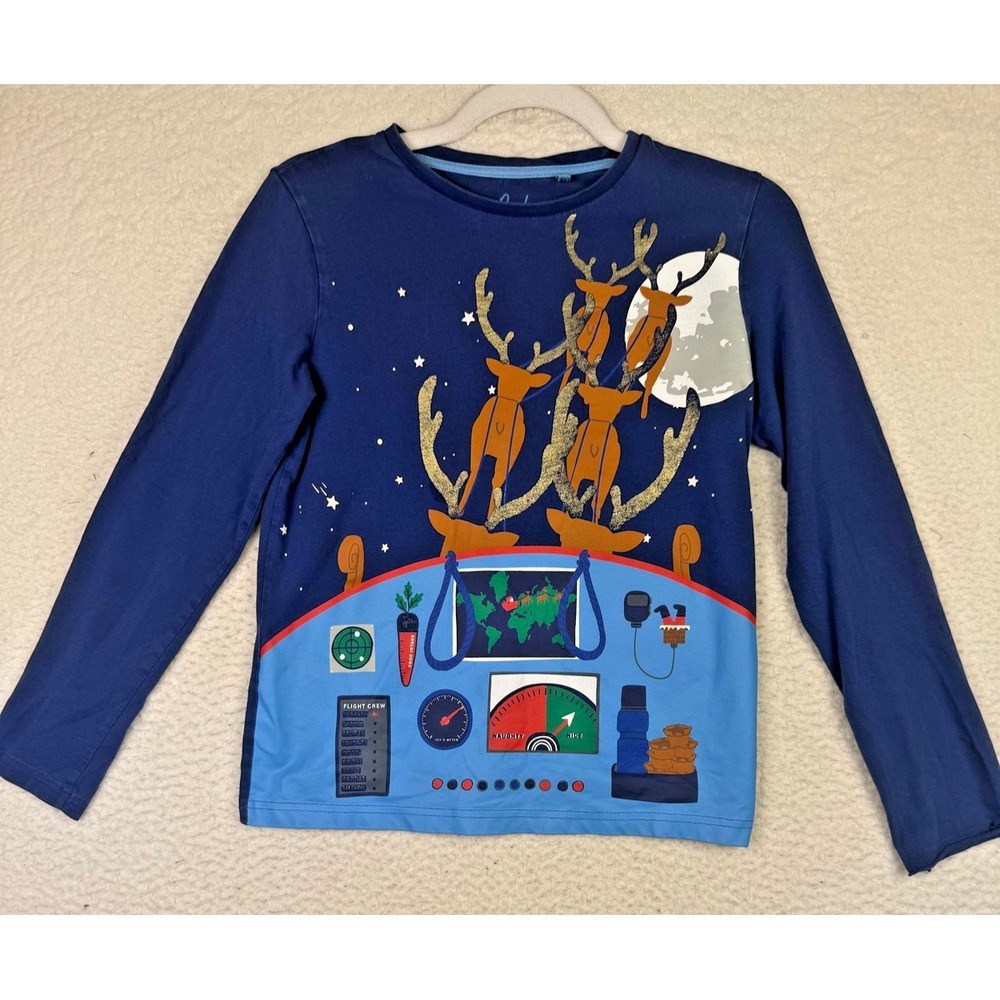 Mini Boden Shirt Kids 11-12 Years Blue Reindeer Sleigh Long Sleeve Christmas